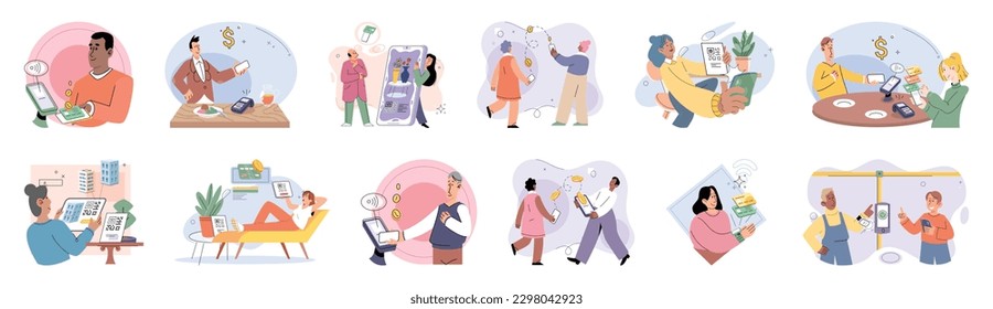 People use mobile cashless payment system or scan qr code vector set. Characters using digital banking service and transactions application for contactless pay. E-banking technology, electronic money