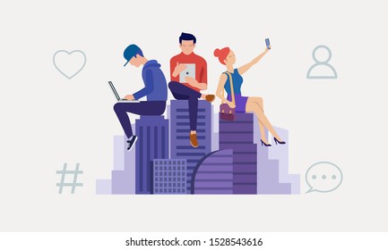 People use mobile devices as smart phones, tablet PCs, laptop for social networking  Lifestyle Vector illustration