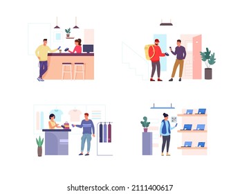 People use mobile payment. Cashless contactless pay scan qr code mobile app, client system buy in store using digital banking, electronic transfer terminal vector. Illustration of cashless payment