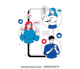 People use mobile phones for communication. Technology and social media concept. Vector illustration