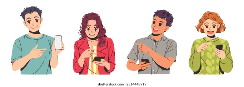 People use mobile phones in different gestures, Men and women with phones, Exchange messages and talking, smartphone addiction and communication concept isolated set, Vector illustration.