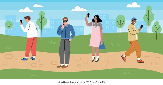 La gente usa teléfonos móviles en el ambiente urbano. hombres y mujeres caminan por la calle con aparatos, ciudadanos con smartphones, ilustración vectorial.eps
