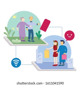 People use mobile for send red envelope to congratulate.Flat vector illustration.