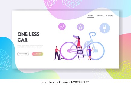 People Use Modern Bicycle, Organic Healthy Lifestyle, Green Energy Website Landing Page. Characters Maintenance Electric Bike for Sportsman Driving Web Page Banner. Cartoon Flat Vector Illustration