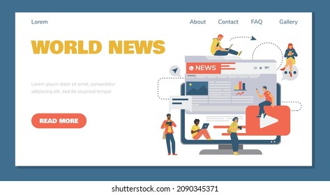 People use modern technology to read online world global news. Banner with men, women receiving information from phones, tablets, laptops or computers in flat vector illustration isolated on white