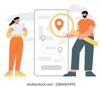 People use navigation application on smartphone with glass lens. Flat vector minimalist illustration with route, map and location marker