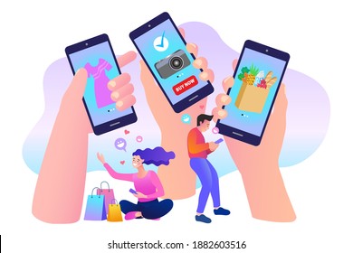 people use online shopping services. Smartphone marketing and e-commerce. Vector illustration.