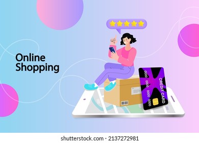 people use online shopping services. Smartphone marketing and e-commerce. delivery service concept. credit cards and discount coupons. digital marketing. Financial Transaction. Vector illustration.