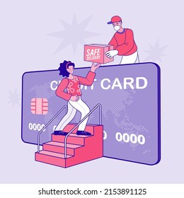 People use online shopping services. Smartphone marketing and e-commerce. delivery service concept. User uses secure mobile payment. credit card. Vector outline illustration.