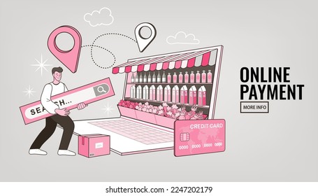 People use online shopping services. Smartphone marketing and e-commerce. delivery service concept. Digital marketing business. payment and banking. Vector illustration.