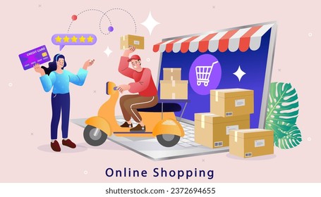 People use online shopping services. online marketing and e-commerce. Ecommerce concept. Online shopping. Online delivery service concept. Fast delivery by scooter. Vector illustration.