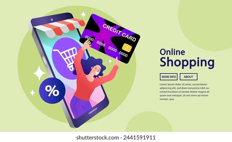 People use online shopping services. Smartphone marketing and e-commerce. delivery service concept. Young woman uses credit card to buy products online. Vector illustration.