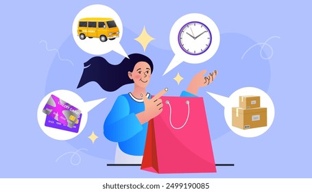 People use online shopping services. Laptop marketing and e-commerce. Fast Delivery service design concept. Fast delivery by van. woman happy with shopping bag. Vector outline illustration.