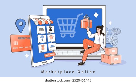 people use online shopping services. computer marketing and e-commerce. delivery service concept. Shopping online. Consumer View, Choose and Buy Fashion Items on Ecommerce Marketplace on mobile.