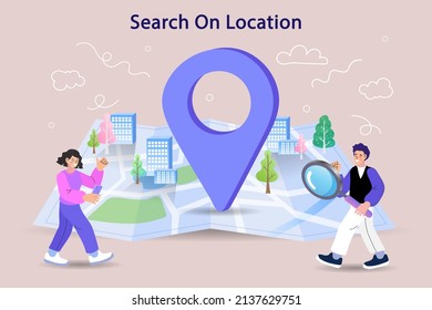 People Use Online Smartphone Application Search Route. Geolocation Concept. Navigation Positioning Landing Page Template. location service in gps. mobile app concept vector illustration.