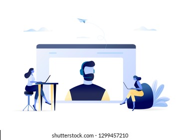 People Use Online Technical Support. Customer Service, Male Hotline Operator Advises Clients. Customer and Operator. For Web Banner, Website, Presentation. Business Concept Flat Vector Illustration