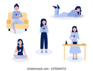 People use phone and laptop cartoon vector. Men, Women Use portable digital devices regularly. Vector illustration on a white background.