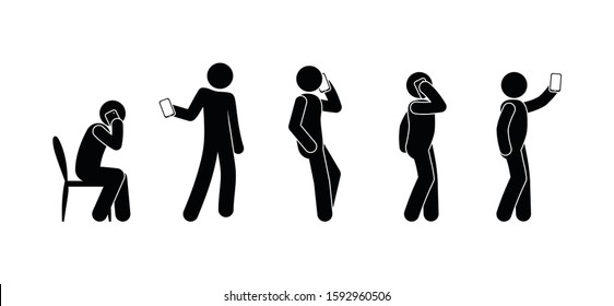 People use the phone, a man holds a smartphone, stick figure illustration, isolated human icons