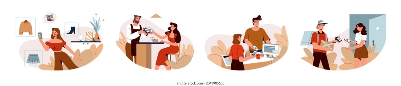 People use phone for scan and pay with qr code. Buyers paying by mobile app on smartphone via pos terminal in cafe, restaurant or shop. Cashless and contactless payment system vector flat illustration