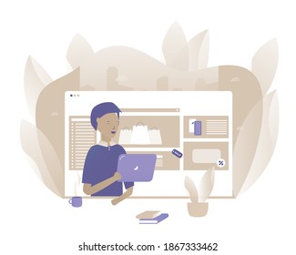 People use phone or tablet to buy online in marketplace. Vector illustration with Web communication idea for telework, remote working, social media, business, finance, and start up
