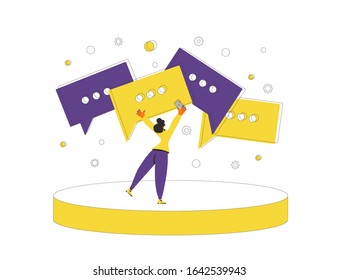 People use phones for read and text a messages. Chat comment concept. Social media network. Young woman with speech bubbles. Feedback service.Vector flat illustration.
