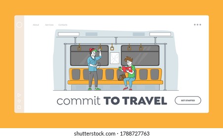 People Use Public Transport Landing Page Template. Characters in Underground Urban Metro. Man Listen Music, Woman Reading in Subway Train Interior with Citizen. Linear People Vector Illustration