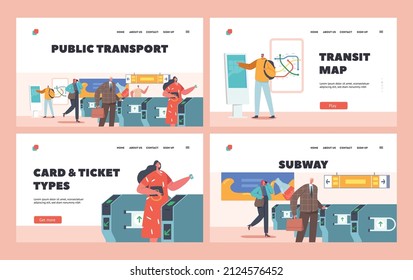 People Use Public Transport Landing Page Template. Male and Female Characters Travel by Subway, . Pass Through Turnstile and Await Arrival of Train Buy Tickets. Cartoon People Vector Illustration