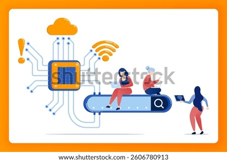 People use search engines with chip and AI technology for data accuracy, connected to WiFi, cloud, and warning systems. illustration can be used for banner, website, startup, apps, ui ux, ads