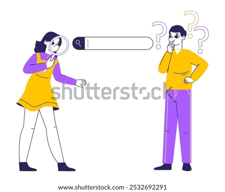 People use searching bar. Curious characters browsing internet and searching answer online flat vector illustration. Search bar browsing information scene