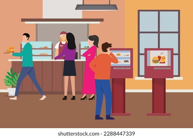 People Use Self Ordering Food Service in fast food restaurant 2d vector illustration concept for banner, website, illustration, landing page, flyer, etc.