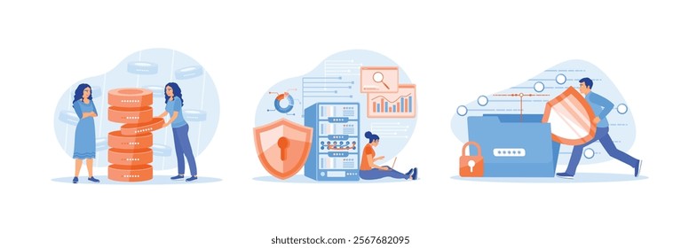 People use server hardware. Woman analyzing data on computer. Store and protect files securely on servers. Database concept. Set flat vector illustration.