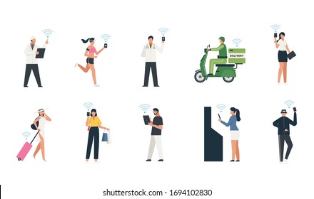 people use smart phone or tablet  faceless cartoon character flat design set