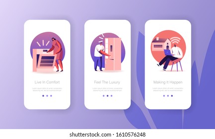 People Use Smart Technics for Home Mobile App Page Onboard Screen Set. Man and Woman on Kitchen Using Wireless Oven and Refrigerator Concept for Website or Web Page. Cartoon Flat Vector Illustration