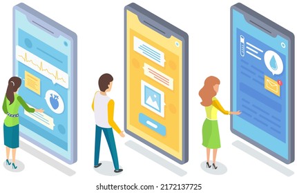 People use smartphone apps for weather forecast, online doctor consultation and chatting. Medical, meteorological and communication application interfaces set. Messengers and programs on phones