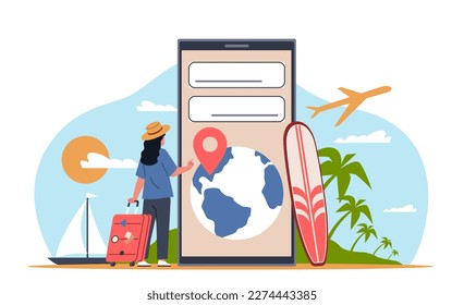 People use smartphone functions. Cartoon girl traveler looking for apartments anywhere in world, mobile travel app, huge phone online booking, cartoon illustration, nowaday vector concept