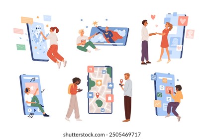 People use smartphone functions. Mobile apps. Touch screen interfaces. Persons watching videos and sending messages. Navigation maps. Dating application. Music player