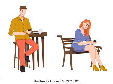 People use smartphone in public places, in park woman sitting on bench, man in cafe at table with cup of coffee. Vector adult male and female with mobile phones outdoors, chatting freelancers