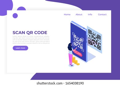 People use smartphone for QR code scanning. Landing page template. Vector isometric illustration.