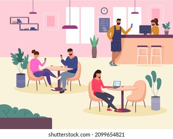 People Use Smartphone In Restaurant. Customers With Telephone Or Laptop Sitting On Chair City Cafe Interior, Waiter In Mask, Coffee At Table, Vector. Illustration Sitting And Meeting With Smartphone