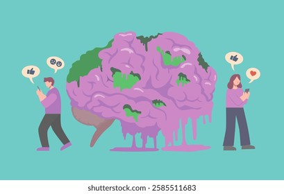 People use smartphone side of the big purple brain rot. Concept illustration about deterioration of a person's mental, OCD, or low intellectual state result of overconsumption of content online.