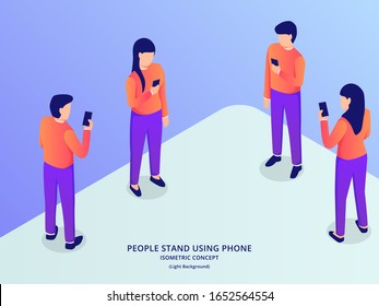 people use smartphone with various position man and woman with isometric style