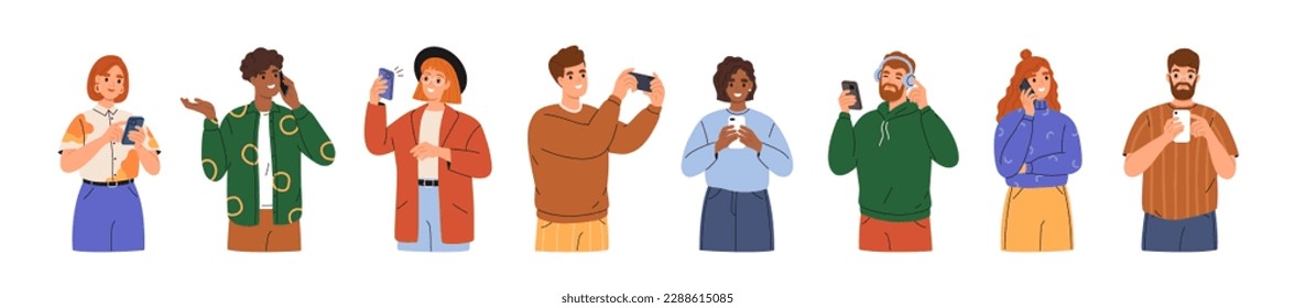 People use smartphones, chatting, making selfie, surfing internet and listening music. Men and women talking and typing on phone. Happy girls and boys characters collection. Flat illustration. - Shutterstock ID 2288615085
