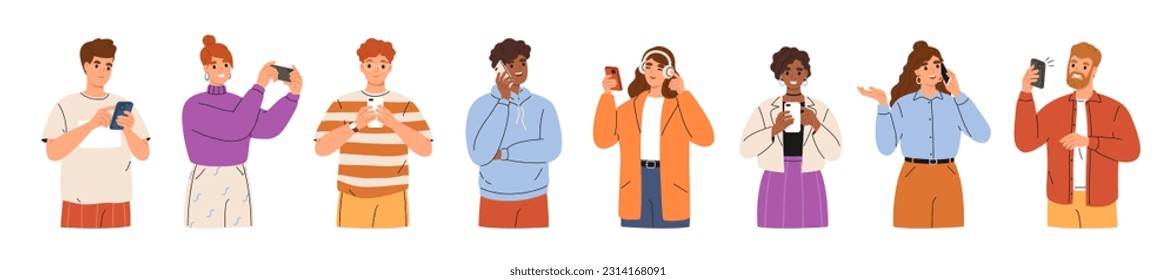 People use smartphones, chatting, making selfie, surfing internet and listening music. Men and women talking and typing on phone. Happy young girls and boys characters collection. Flat illustration.