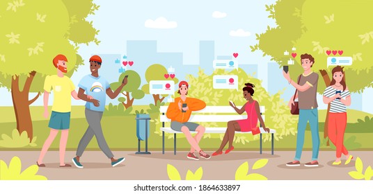 People use smartphones in city park. Cartoon flat young woman man friend characters sitting on bench in city park, holding smartphone in hand for selfie or chat in social media background