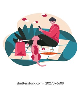 People use smartphones in different locations scene concept. Man with mobile phone relaxing on picnic with dog, outdoors resting people activities. Vector illustration of characters in flat design