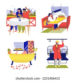 People use smartphones in different locations set concept with people scene in the flat cartoon design. Boys and girls check their phones so as not to miss any news. Vector illustration.