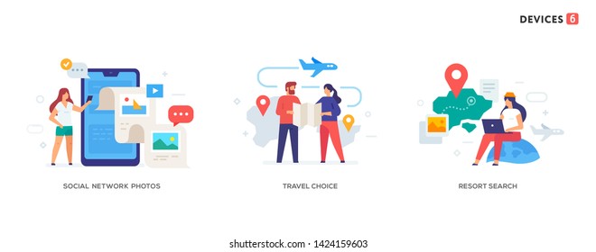People use smartphones, leisure tourism, flights, social networks set of icons, illustration. Smartphones tablets user interface social media.Flat illustration Icons infographics. Landing page site