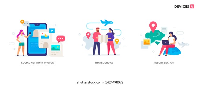 People use smartphones, leisure tourism, flights, social networks set of icons, illustration. Smartphones tablets user interface social media.Flat illustration Icons infographics. Landing page site