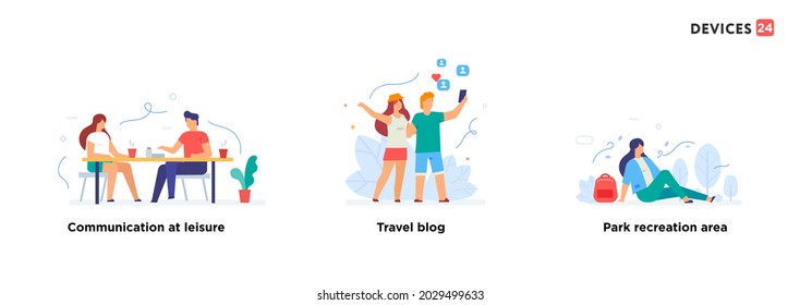 People use smartphones, leisure tourism, flights, social networks set of icons, illustration. Smartphones tablets user interface social media.Flat illustration Icons infographics. Landing page site