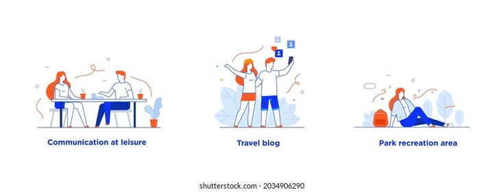 People use smartphones, leisure tourism, flights, social networks set of icons, illustration. Smartphones tablets user interface social media.Flat illustration Icons infographics. Landing page site